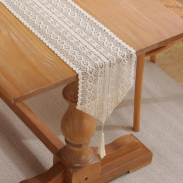 Qfdian Crochet Lace Table Runner Boho Cotton Tassels Vintage Farmhouse Woven Kitchen Table Decorations for Weddings Bridal Shower Party